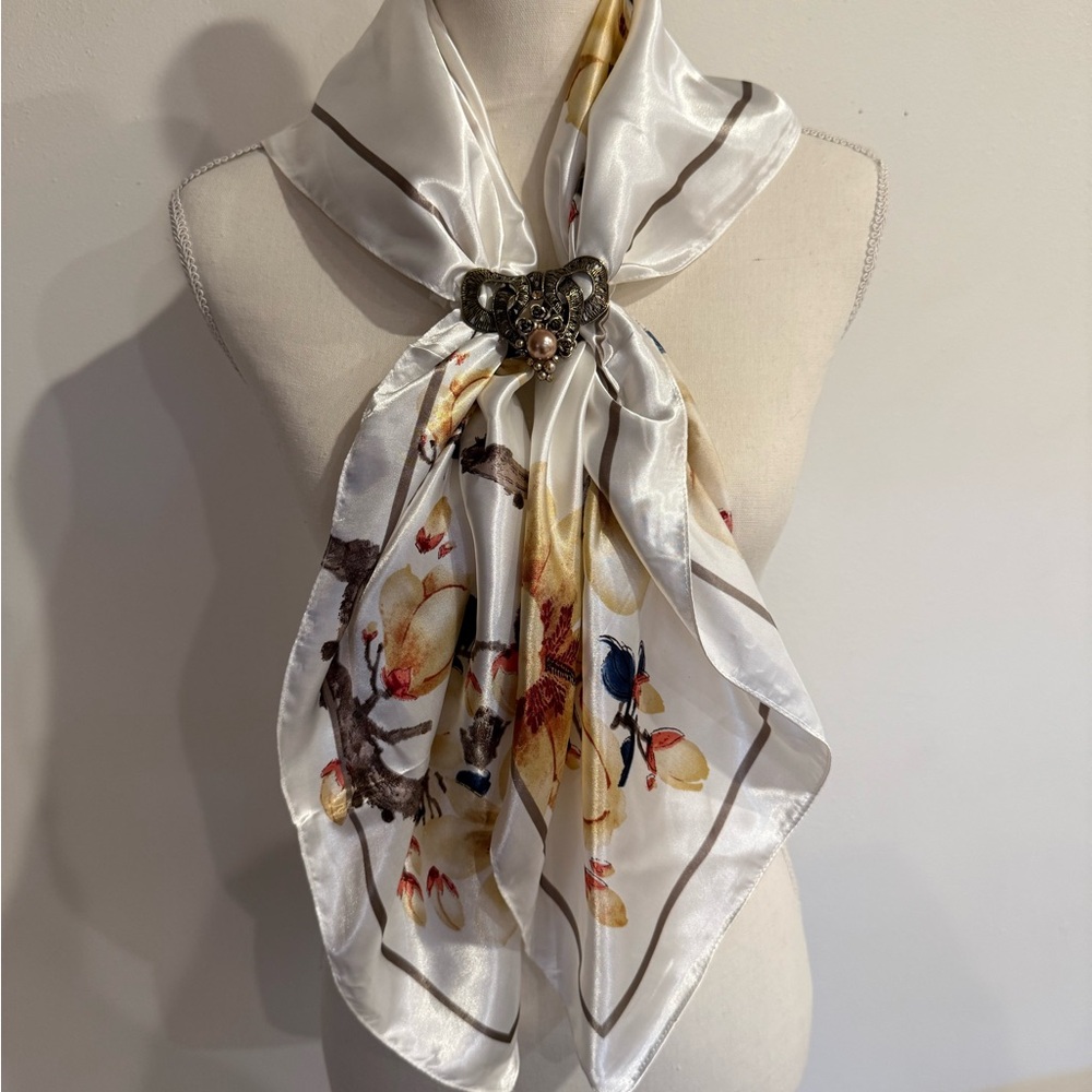 Elegant Floral Silk Scarf - White